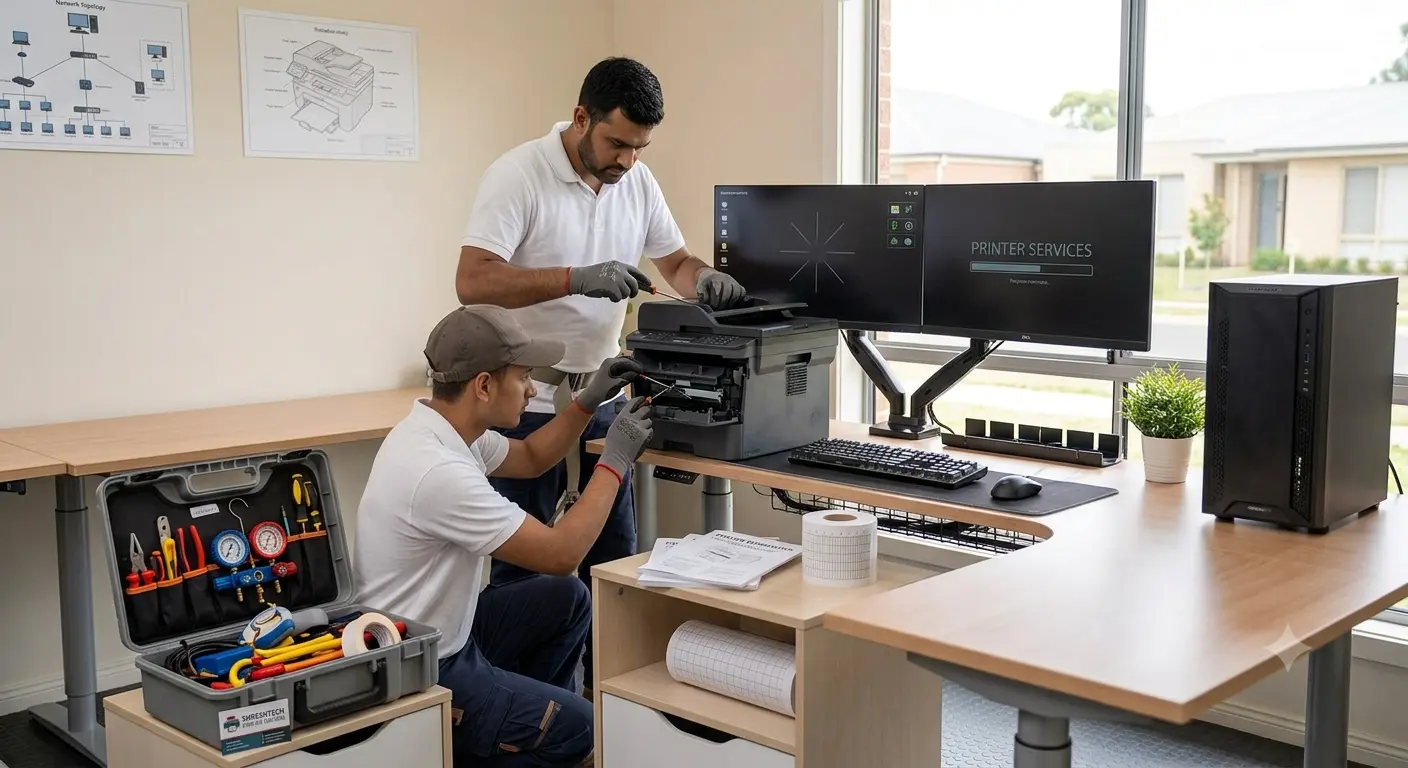 Illustration of an office printer being set up