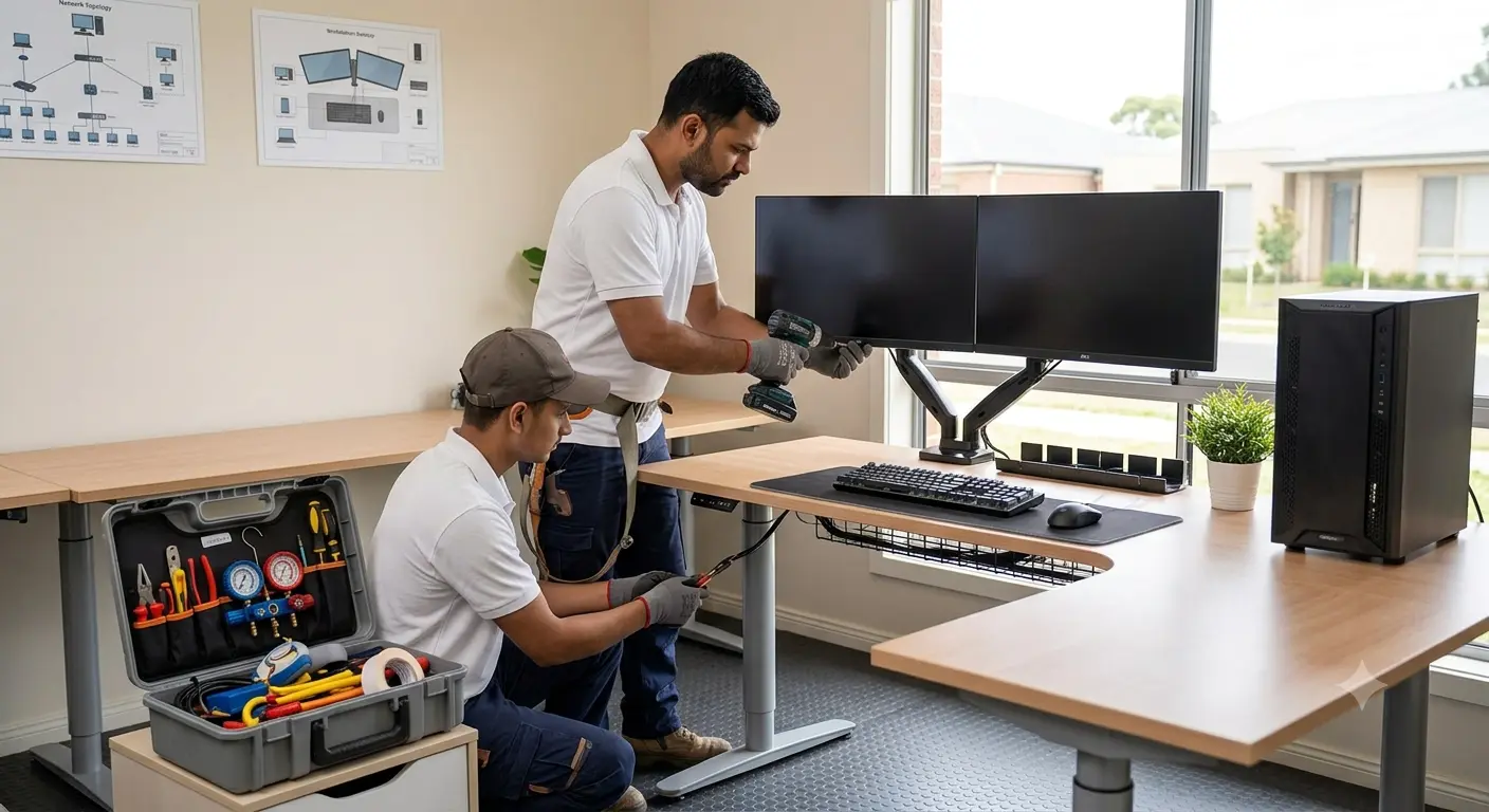 Illustration of a desktop computer and monitor set up at a workstation